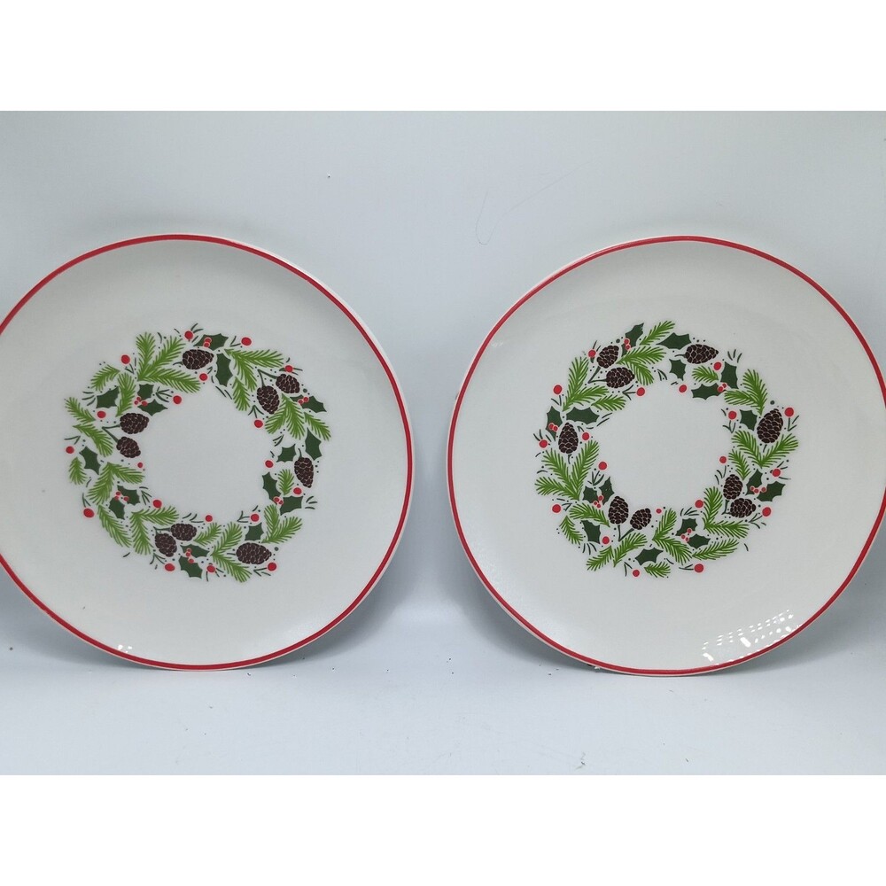 Lot Of 2 American Atelier Christmas Holiday Wreath Salad Plates 8" Stonewear